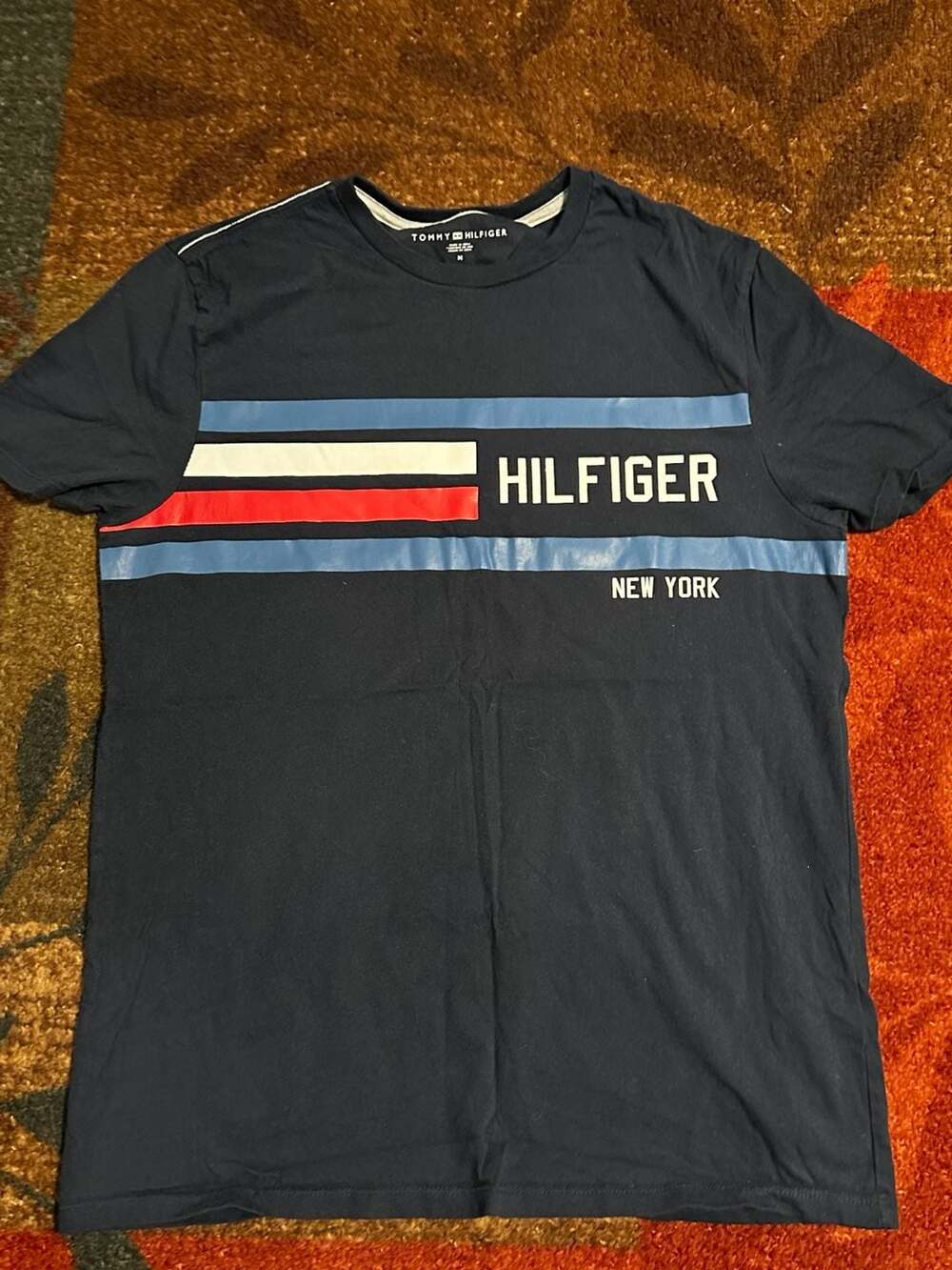 Tommy Hilfiger Navy Blue New York Flag Logo Graphic T-Shirt Size M